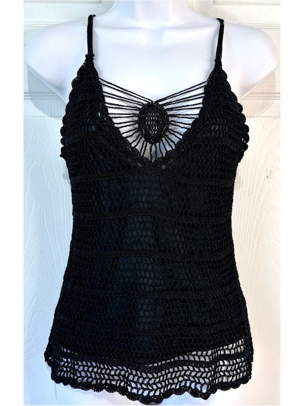 Vintage 90s Y2K Black Sparkly Lurex Crochet Beaded Cami Tank Top Medium